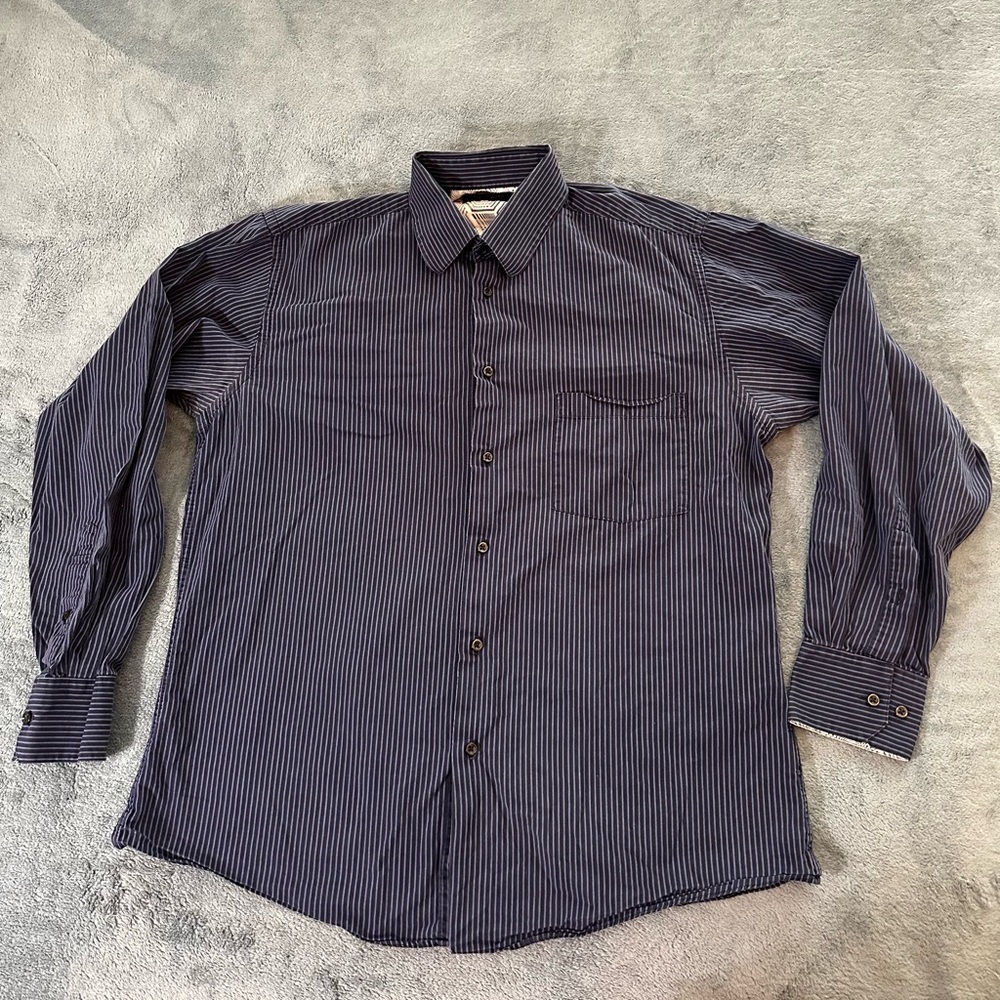 Emanuel Ungaro Men’s Large long sleeve button down dress shirt navy blue striped